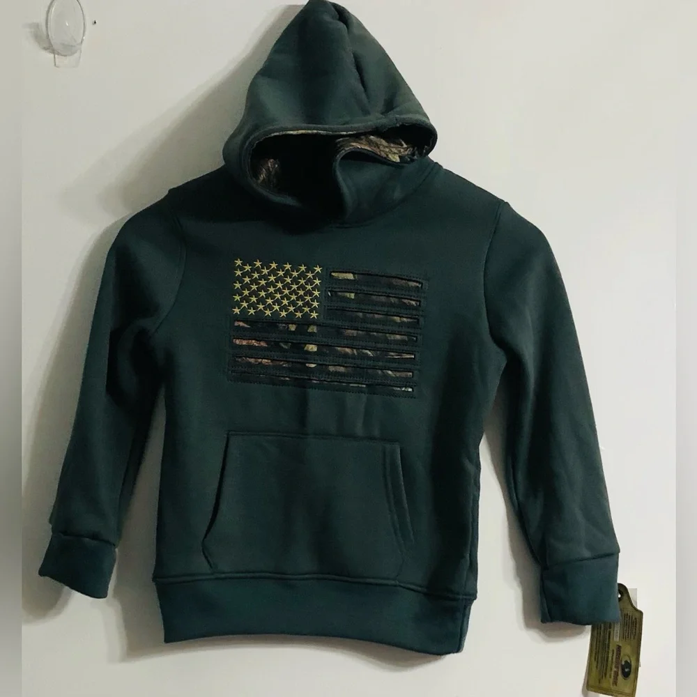 Mossy Oak boy’s hoodie Kangaroo Pockes pull over long sleeve gray/camo.5/6